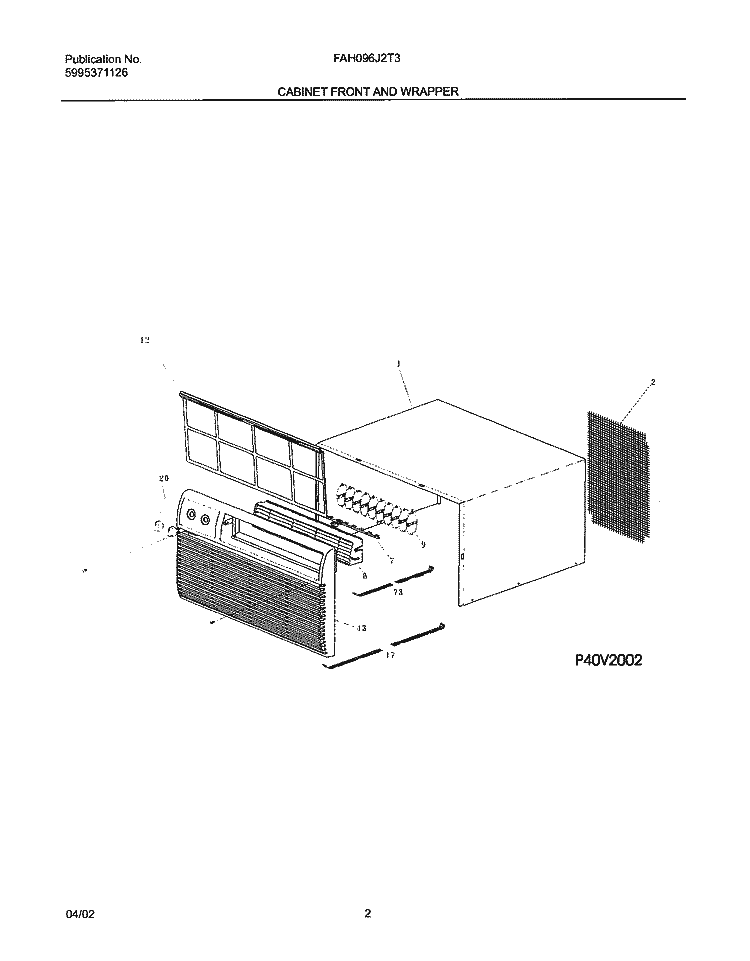CABINET FRONT AND WRAPPER Diagram and Parts List for FAH096J2T3  Frigidaire Air Conditioner