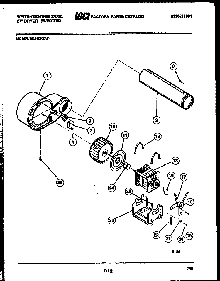 BLOWER AND DRIVE PARTS Diagram and Parts List for DE640KDW4  Frigidaire Dryer