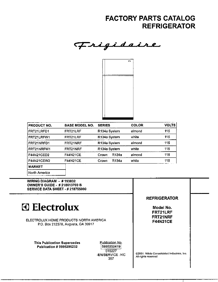COVER Diagram and Parts List for FRT21LRFW2  Frigidaire Refrigerator