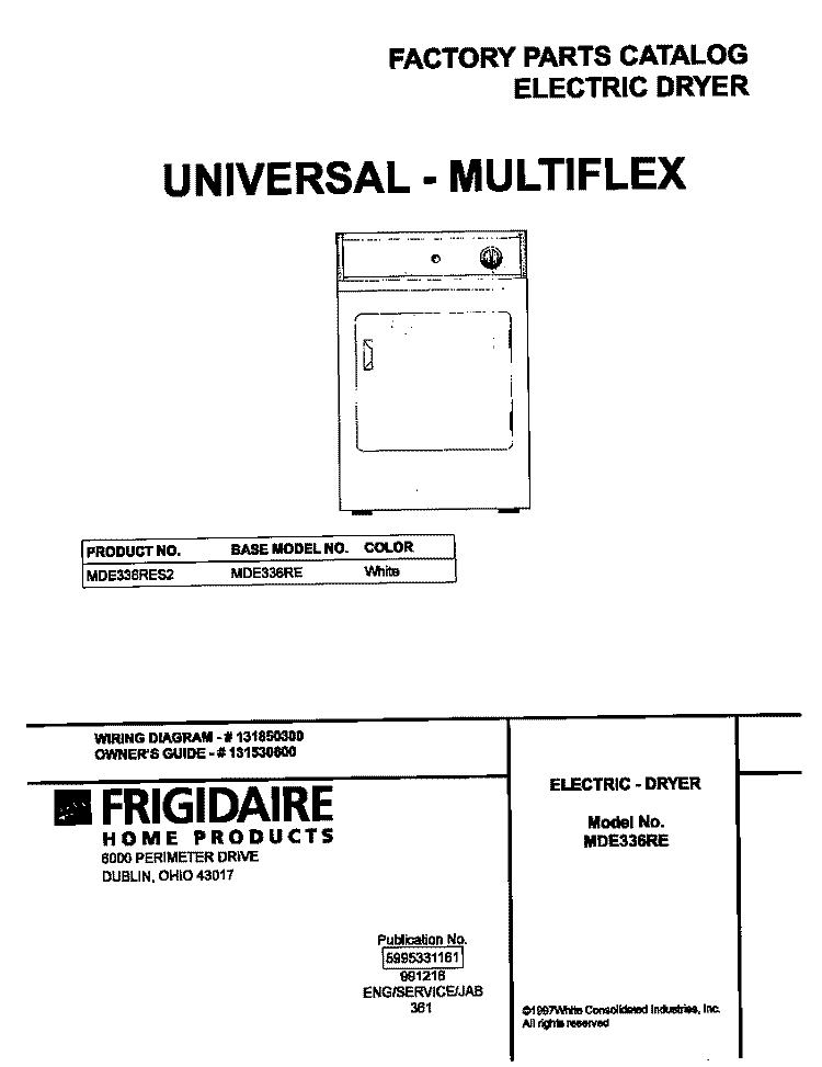 COVER Diagram and Parts List for MDE336RES2  Frigidaire Dryer