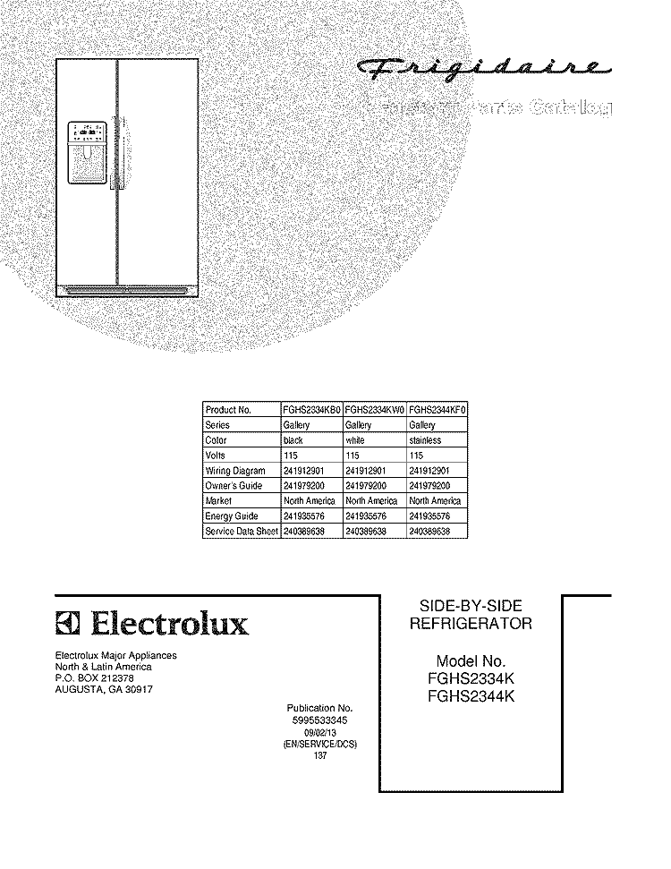 COVER Diagram and Parts List for FGHS2344KF0  Frigidaire Refrigerator