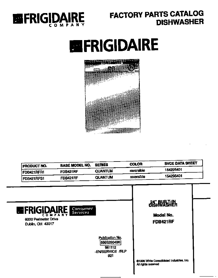 COVER Diagram and Parts List for FDB421RFR1  Frigidaire Dishwasher
