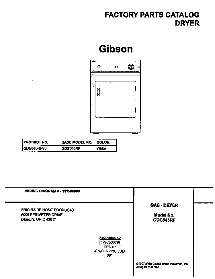 COVER Diagram and Parts List for GDG546RFS0  Gibson Dryer