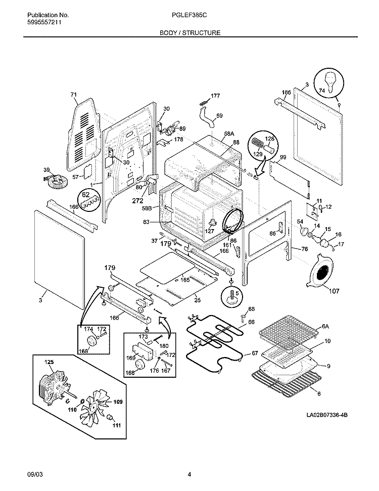 BODY Diagram and Parts List for PGLEF385CQ2  Frigidaire Range