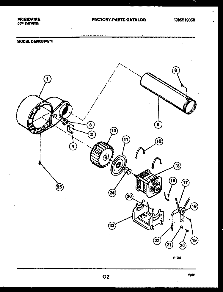 BLOWER AND DRIVE PARTS Diagram and Parts List for DE8800PW1  Frigidaire Dryer