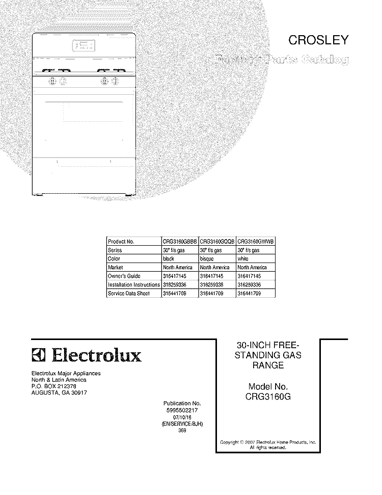 COVER Diagram and Parts List for CRG3160GBBB  Crosley Range