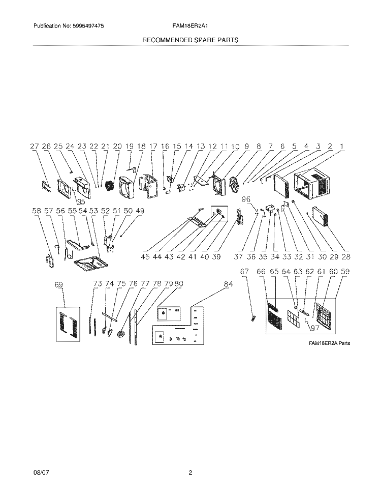 RECOMMENDED SPARE PARTS Diagram and Parts List for FAM18ER2A1  Frigidaire Air Conditioner