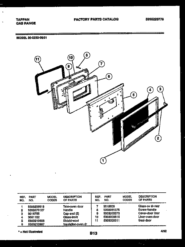 DOOR PARTS Diagram and Parts List for 30-2232-00-01  Tappan Range