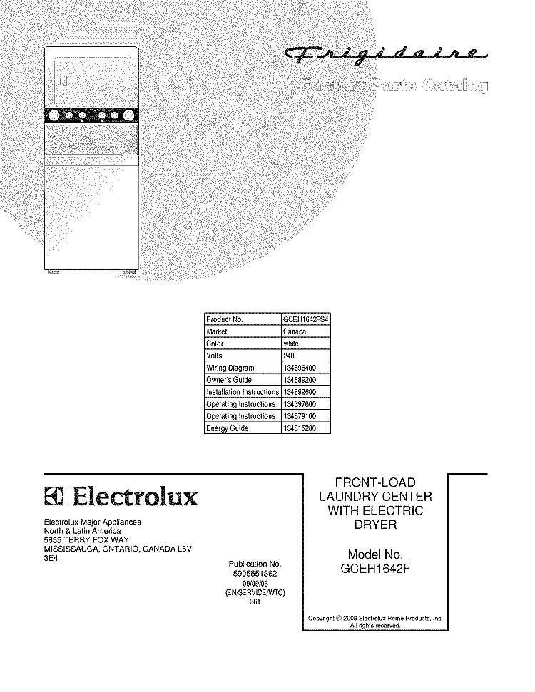 COVER Diagram and Parts List for GCEH1642FS4  Frigidaire Washer Dryer Combo
