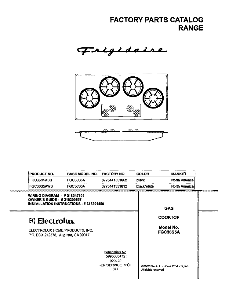 COVER Diagram and Parts List for FGC36S5AWB  Frigidaire Cooktop