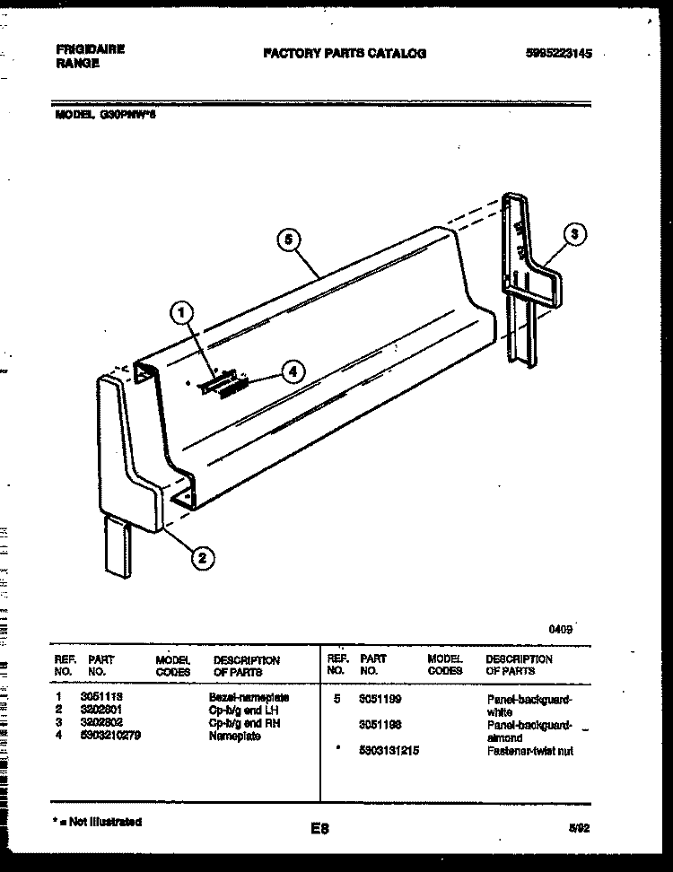 BACKGUARD Diagram and Parts List for G30PNL6  Frigidaire Range