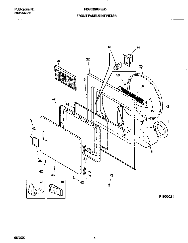 FRNT PNL, LINT FILTER Diagram and Parts List for FDG336MRES0  Frigidaire Dryer
