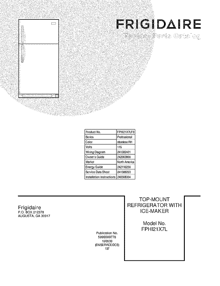 COVER Diagram and Parts List for FPHI21X7LF0  Frigidaire Refrigerator