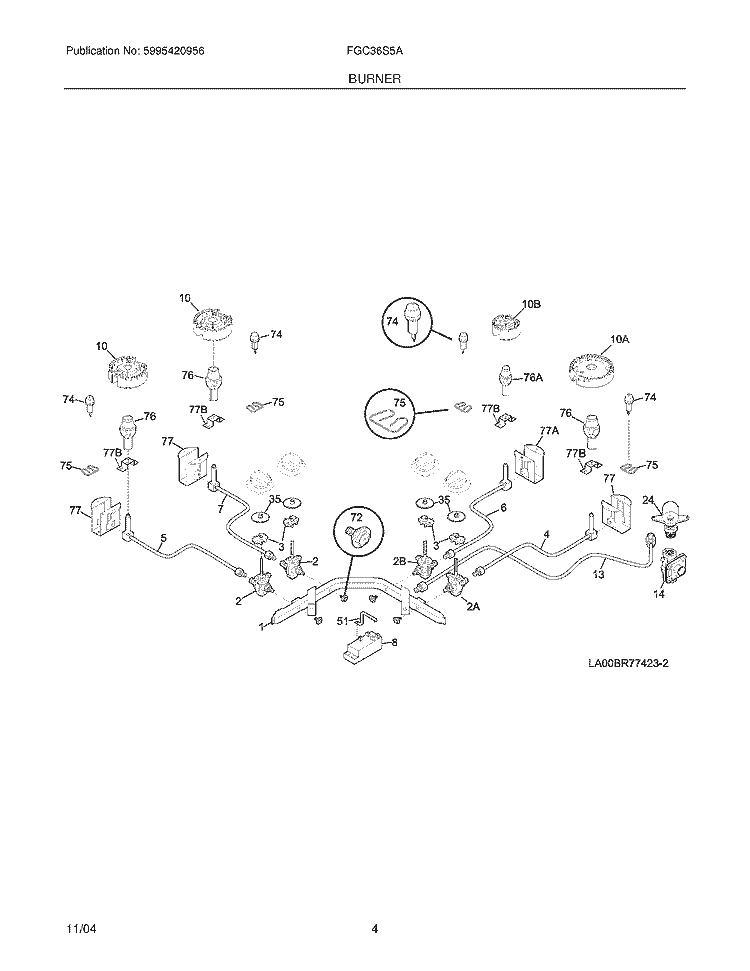 BURNER Diagram and Parts List for FGC36S5AWC  Frigidaire Cooktop