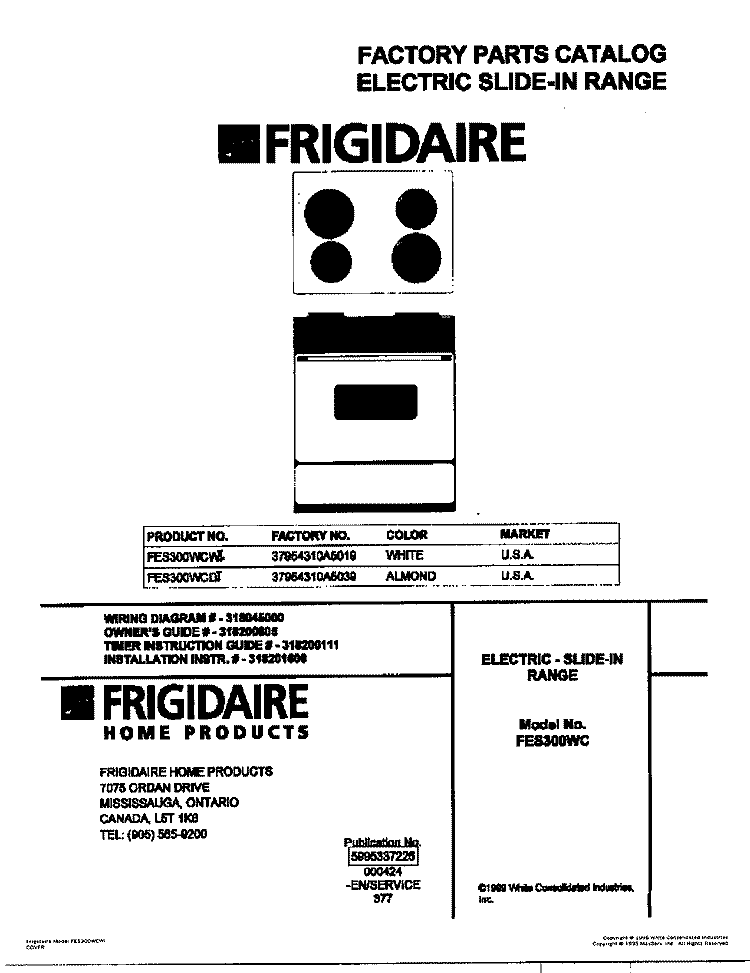 COVER Diagram and Parts List for FES300WCDI  Frigidaire Range