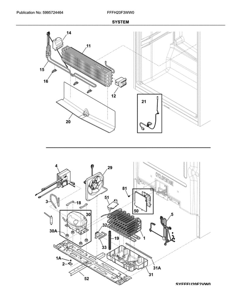 System Diagram and Parts List for FFFH20F3WW0  Frigidaire Freezer