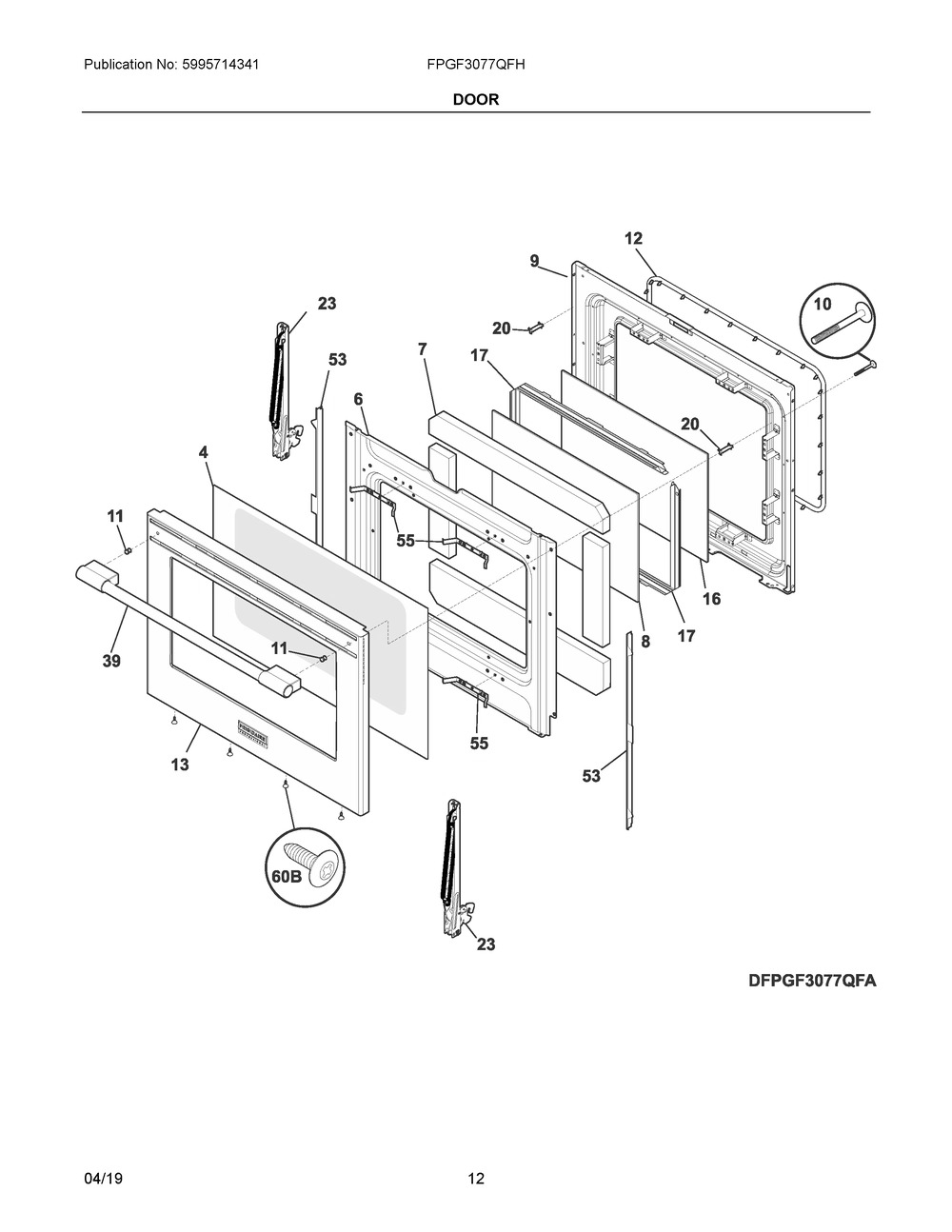 Door Diagram and Parts List for FPGF3077QFH  Frigidaire Range
