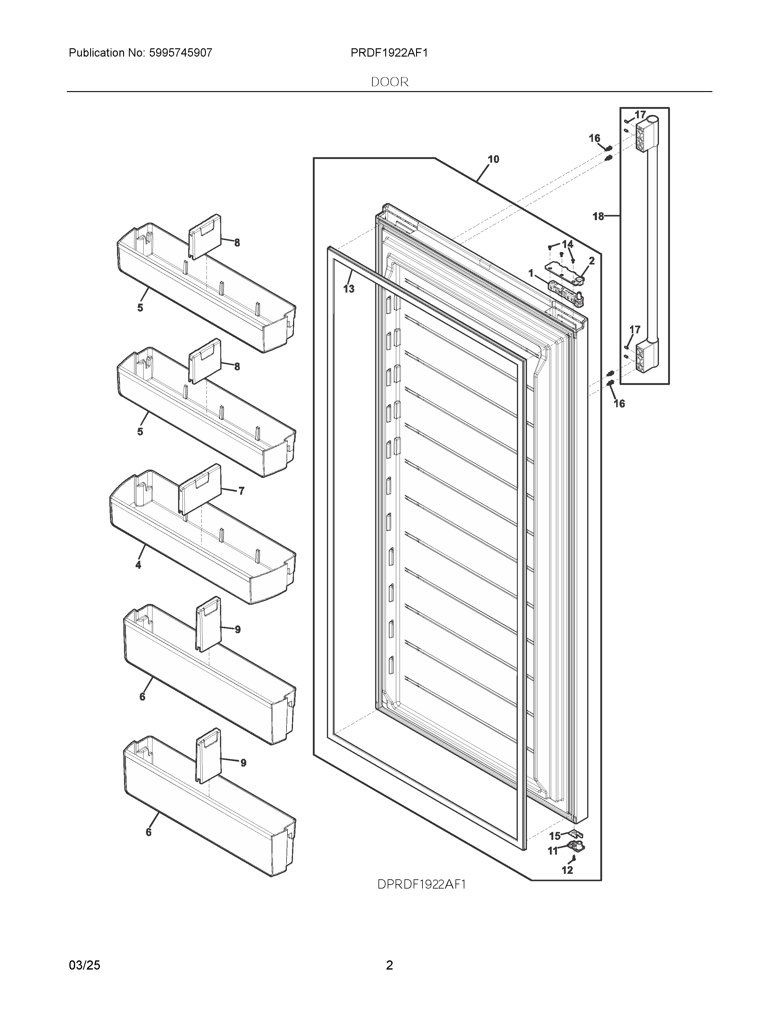 Door Diagram and Parts List for PRDF1922AF1  Frigidaire Freezer