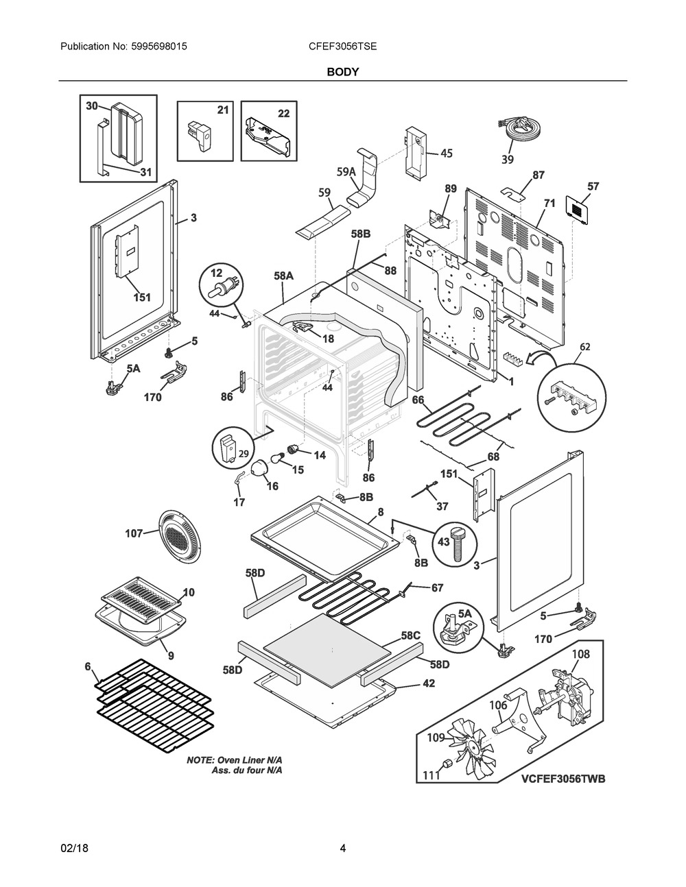 Body Diagram and Parts List for CFEF3056TSE  Frigidaire Range