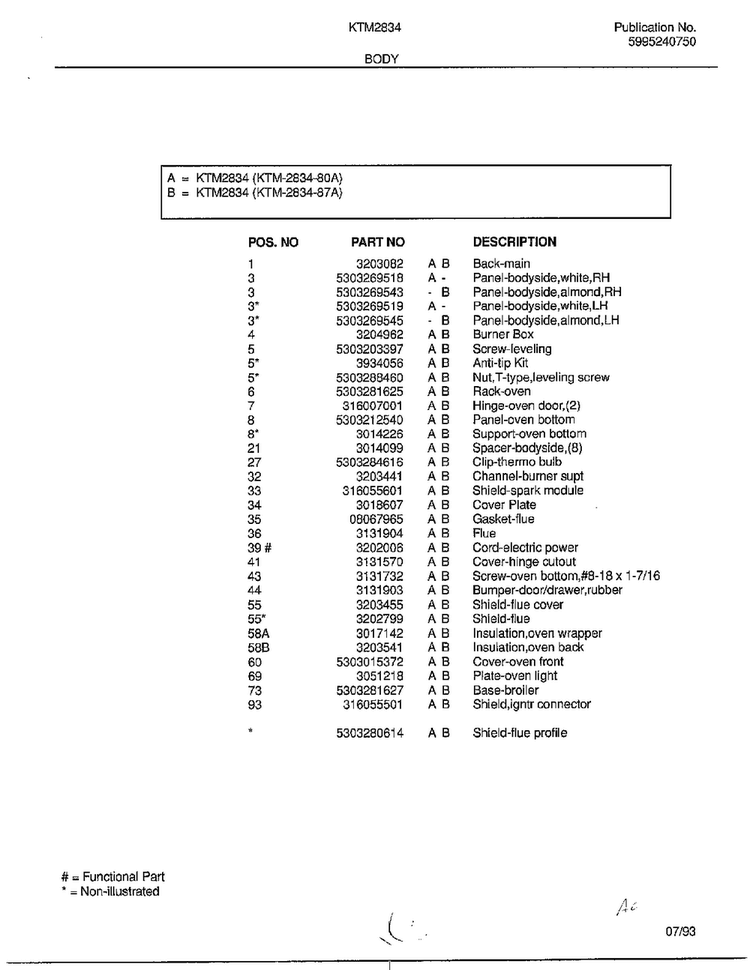 Body Page 2 Diagram and Parts List for 2834-80A  Frigidaire Range