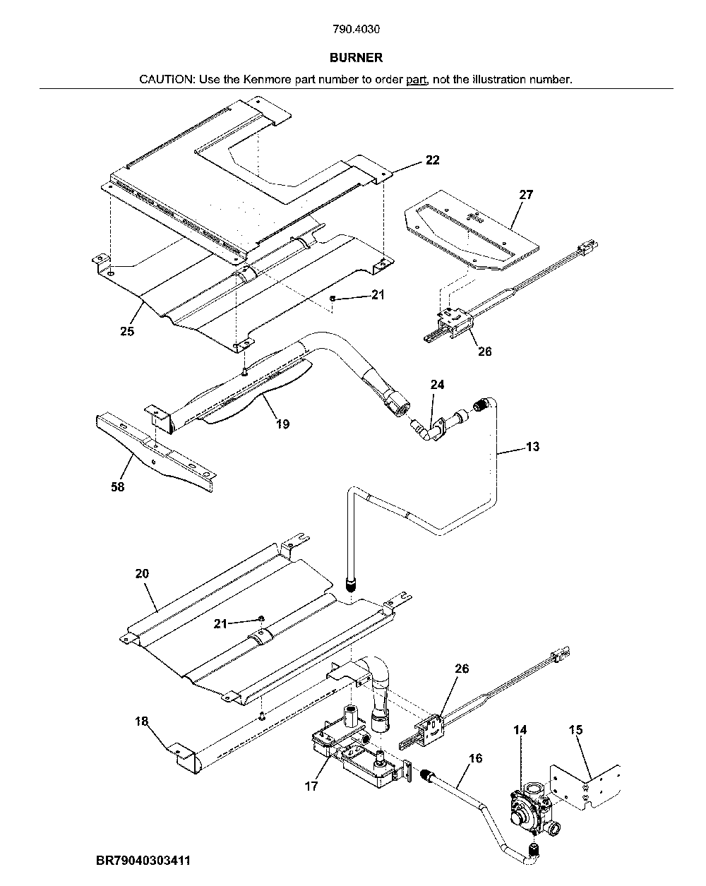 Burner Diagram and Parts List for 79040309412  Kenmore Wall Oven
