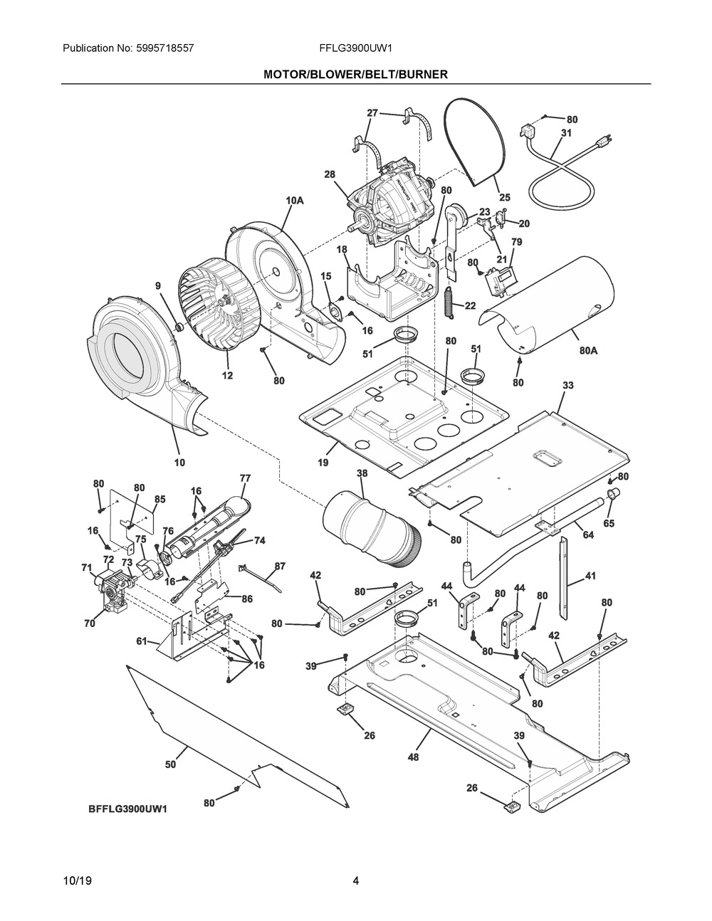 Motor/blower/belt/burner Diagram and Parts List for FFLG3900UW1  Frigidaire Washer Dryer Combo