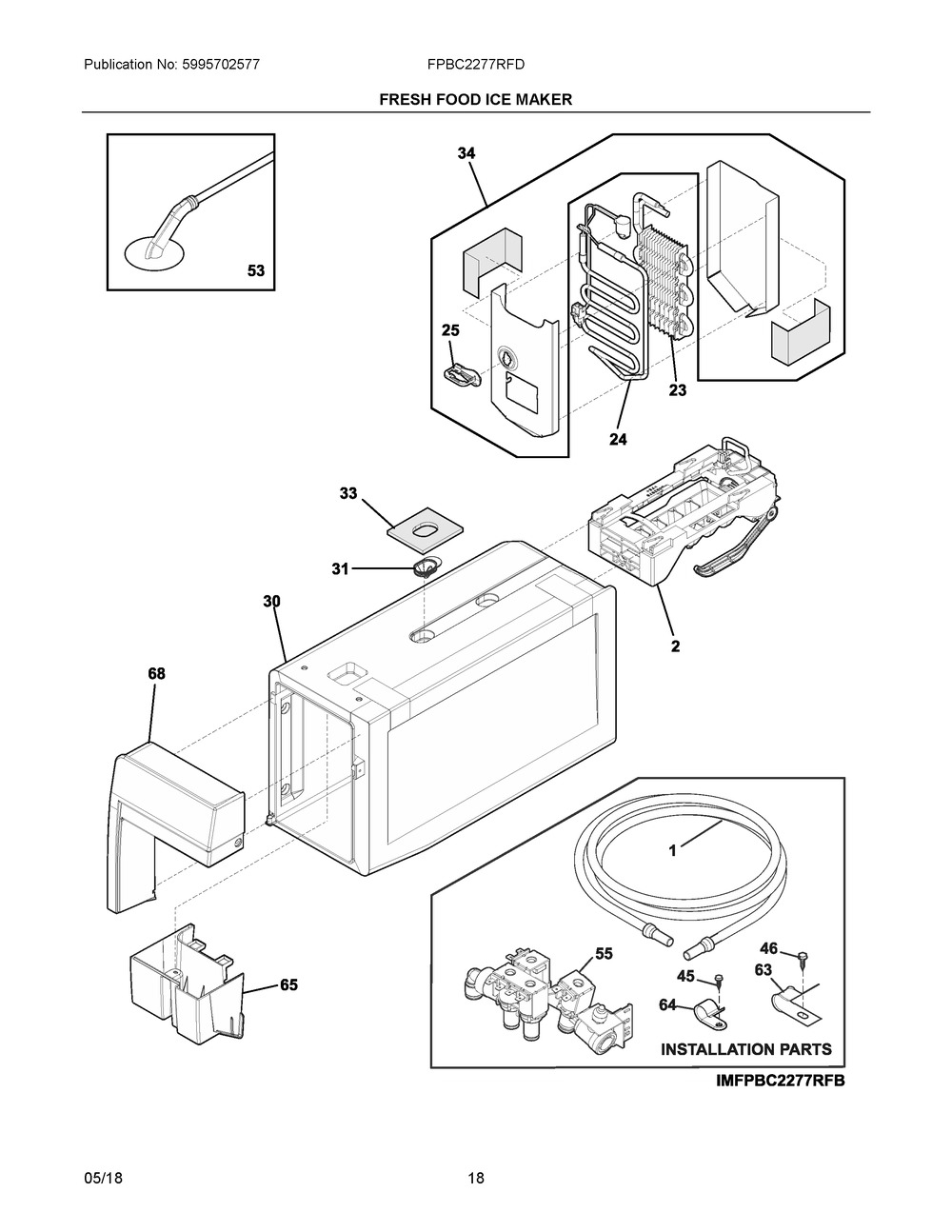 Fresh Food Ice Maker Diagram and Parts List for FPBC2277RFD  Frigidaire Refrigerator