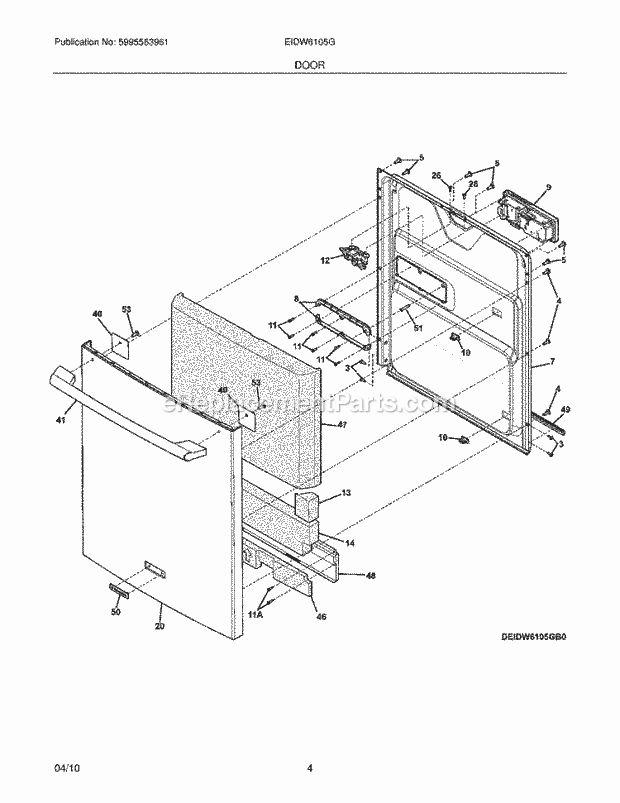 DOOR Diagram and Parts List for EIDW6105GS1A  Electrolux Dishwasher