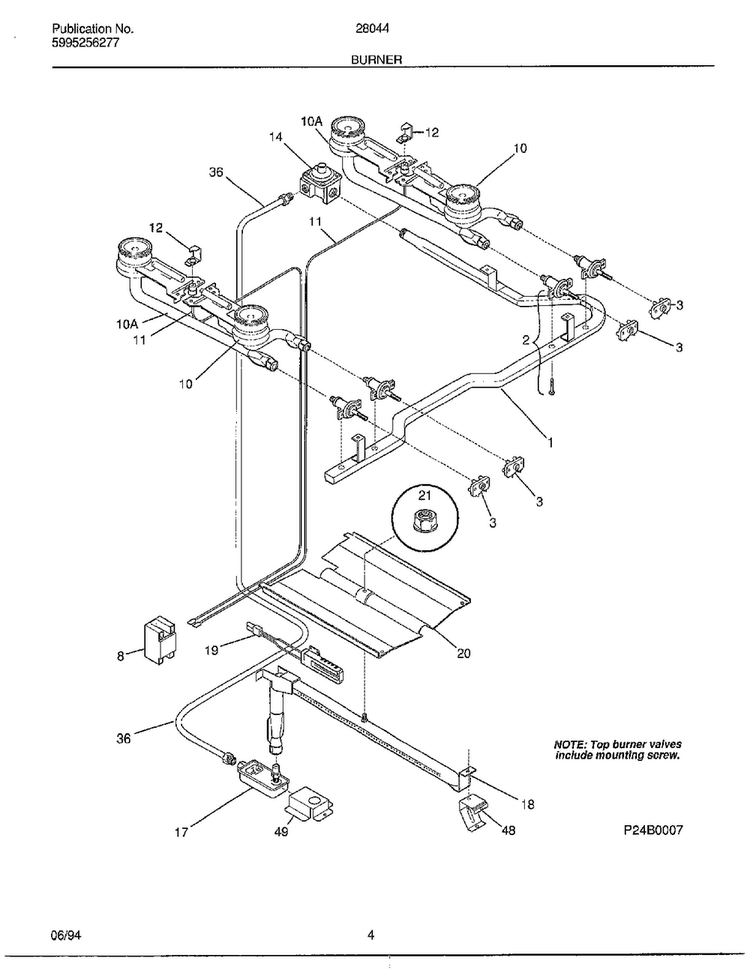 Burner Diagram and Parts List for 28044  Frigidaire Range