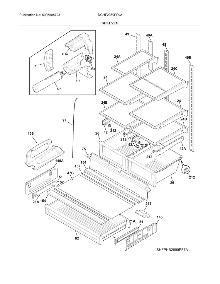 Shelves Diagram and Parts List for DGHF2360PF9A  Frigidaire Refrigerator