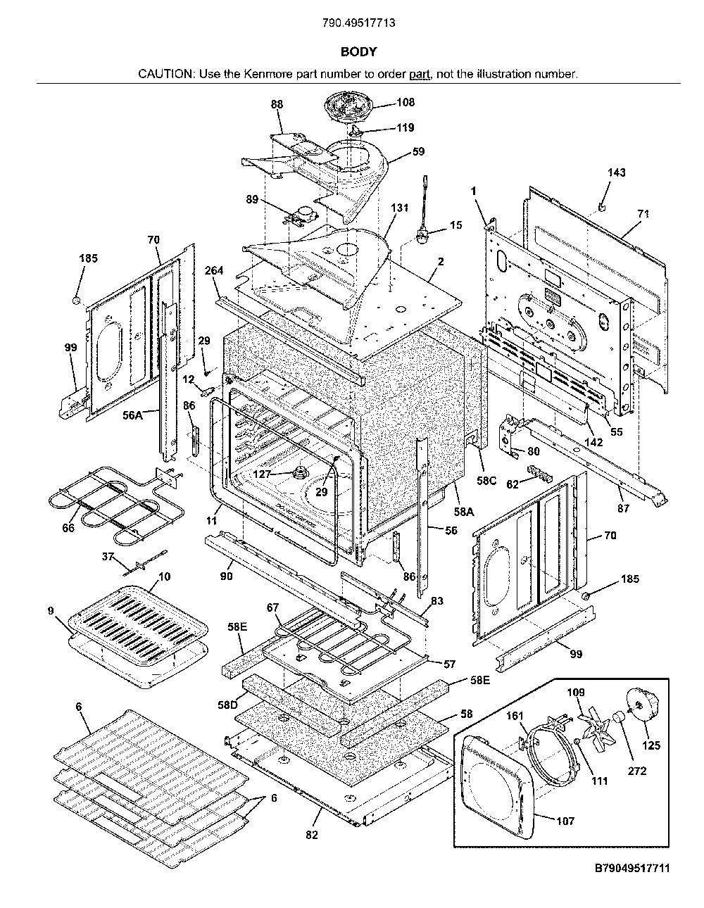 Body Diagram and Parts List for 79049517713  Kenmore Wall Oven