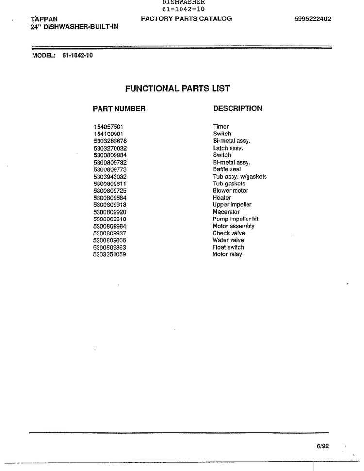Functional Parts List Diagram and Parts List for 61-1042-10  Tappan Dishwasher