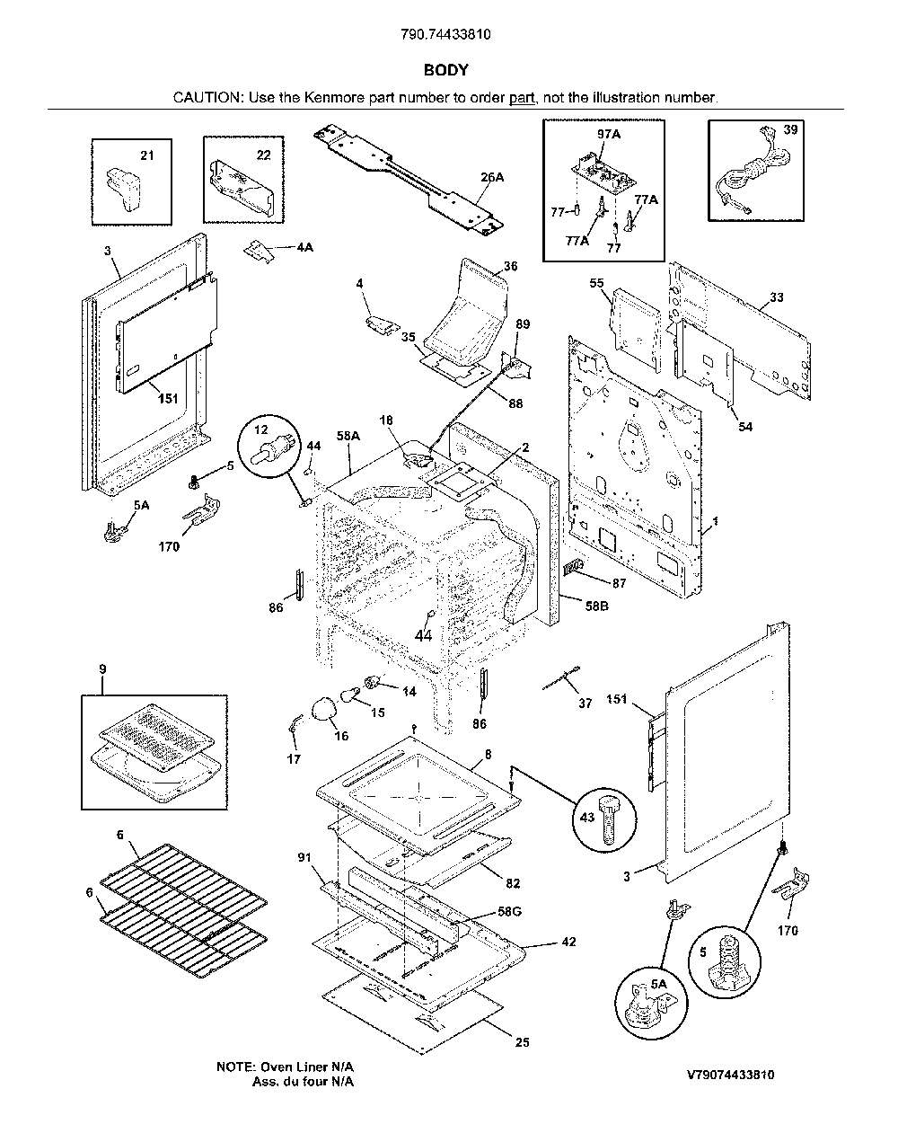 Body Diagram and Parts List for 79074433810  Kenmore Range