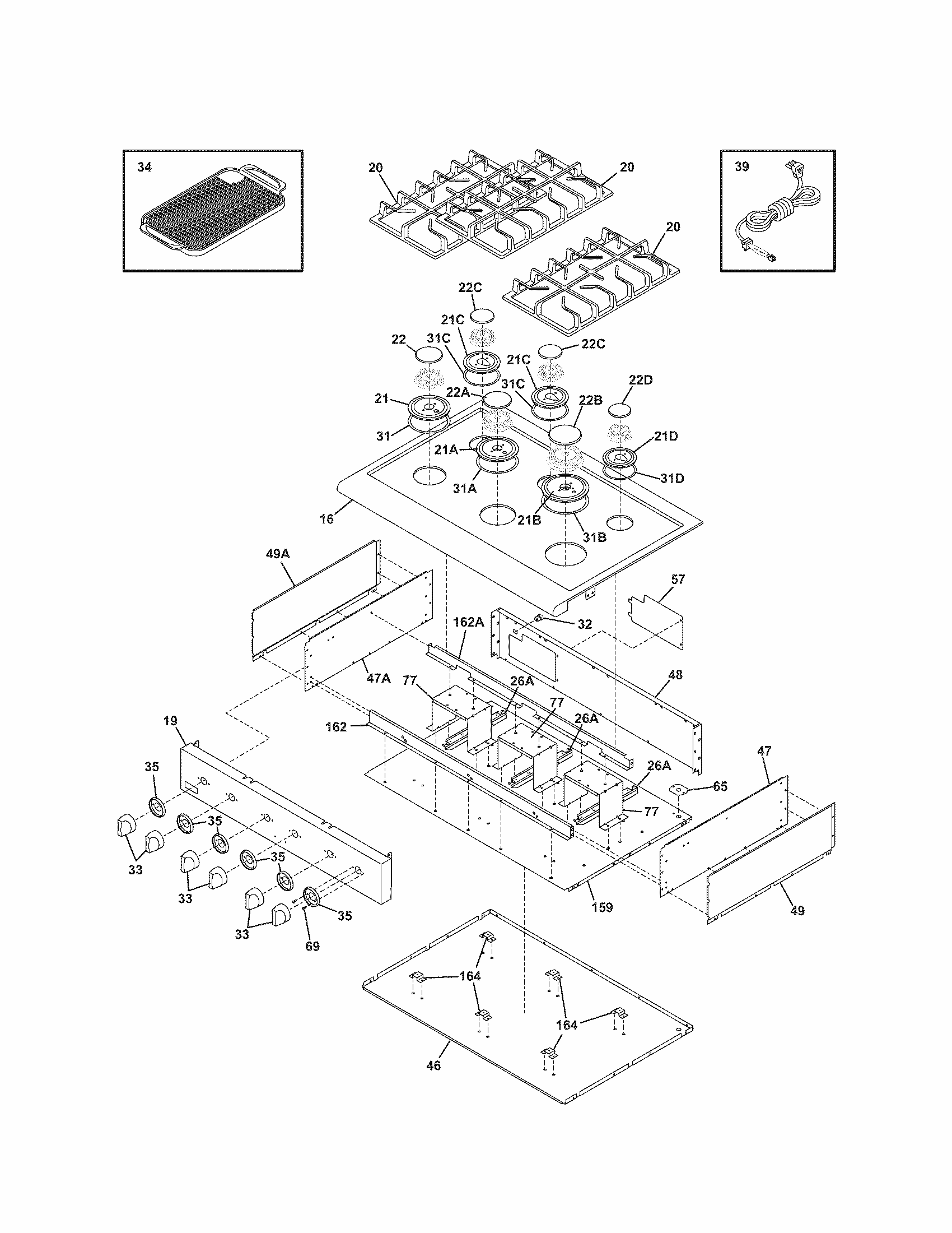 Maintop Diagram and Parts List for 79033043401  Kenmore Cooktop