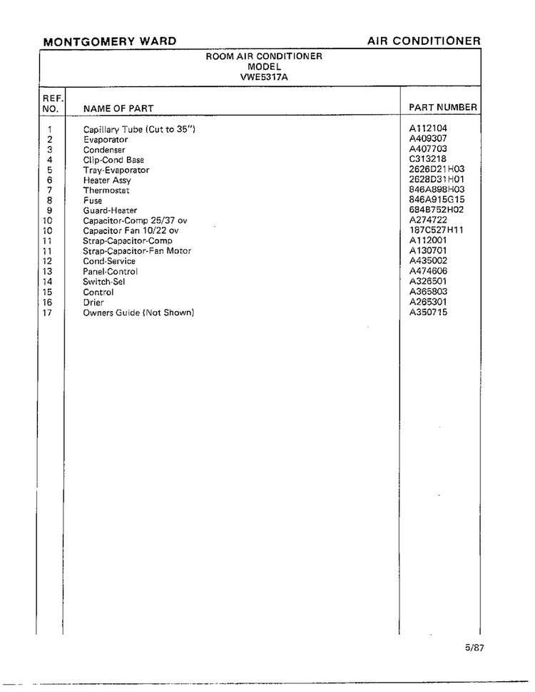 Air Conditioner Page 4 Diagram and Parts List for 5317A  Frigidaire Air Conditioner