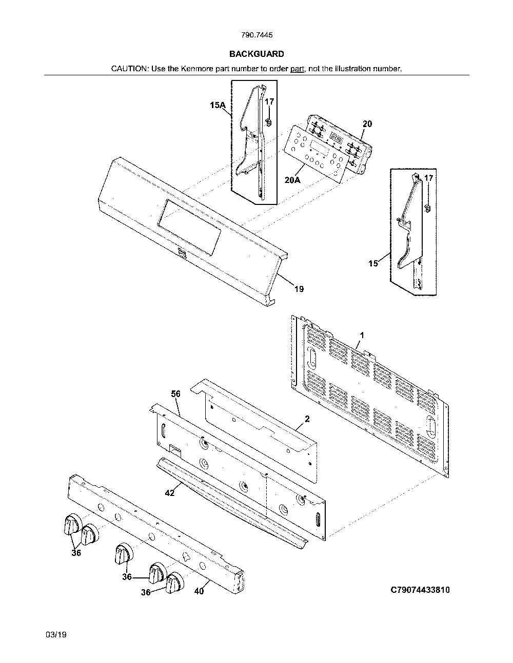 Backguard Diagram and Parts List for 79074459810  Kenmore Range