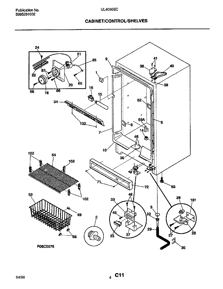 CABINET / CONTROL / SHELVES Diagram and Parts List for UL4000ECW2  Electrolux Freezer