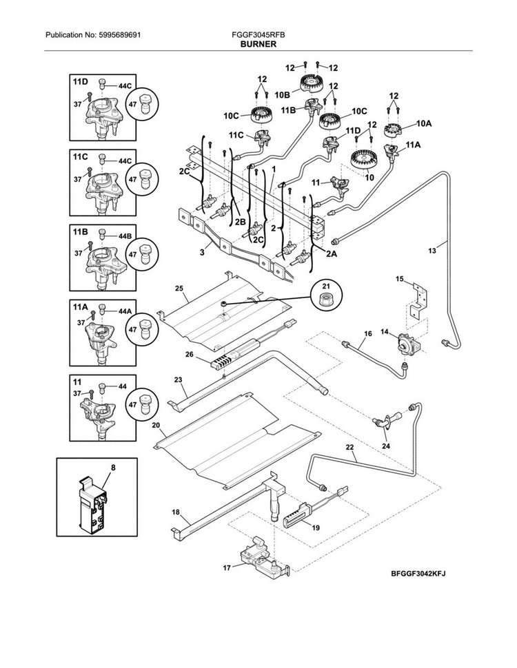 Burner Diagram and Parts List for FGGF3045RFB  Frigidaire Range
