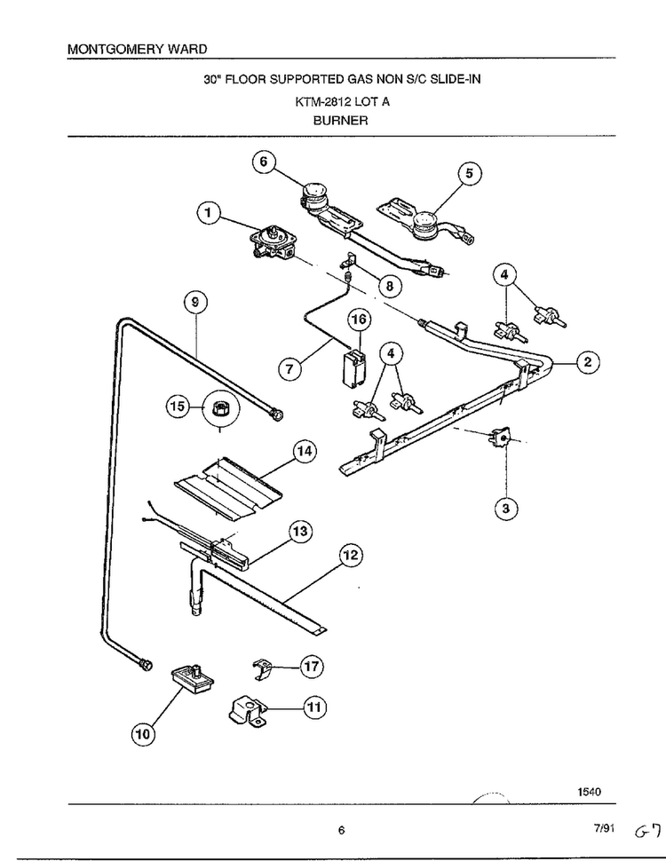 Burner Diagram and Parts List for 2812A  Frigidaire Range