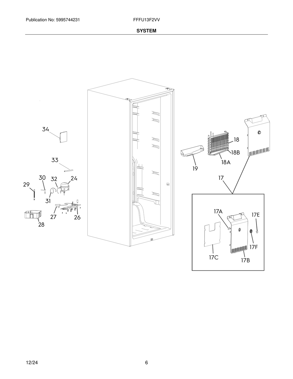 System Diagram and Parts List for FFFU13F2VV  Frigidaire Freezer