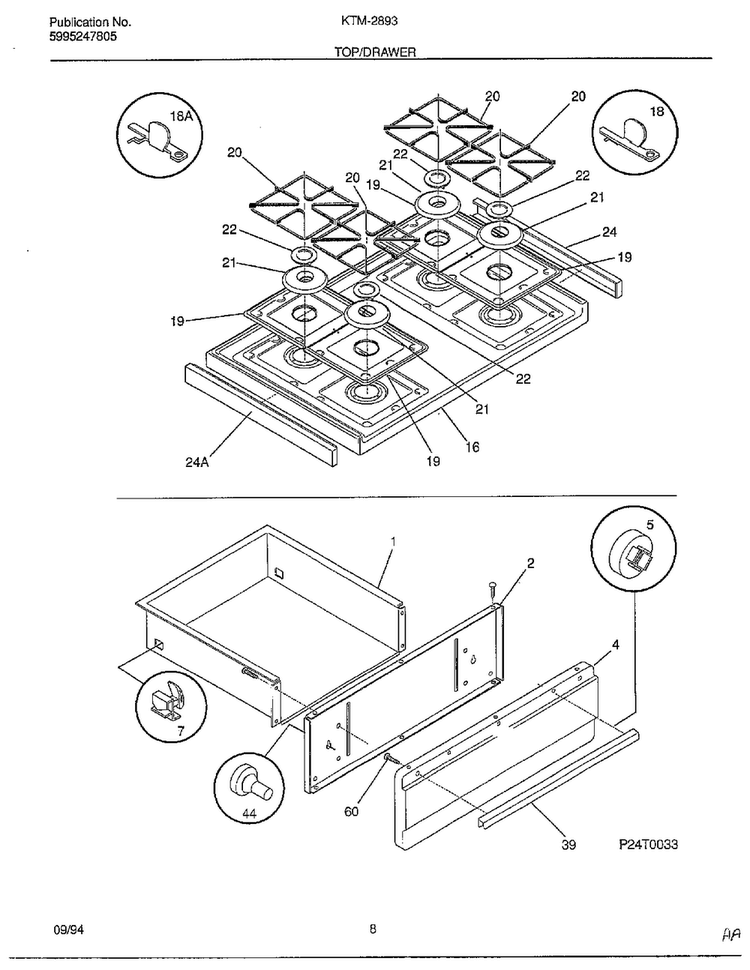 Top/drawer Diagram and Parts List for 2893-80B  Frigidaire Range