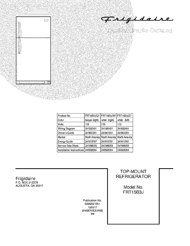COVER Diagram and Parts List for FRT15B3JW7  Frigidaire Refrigerator