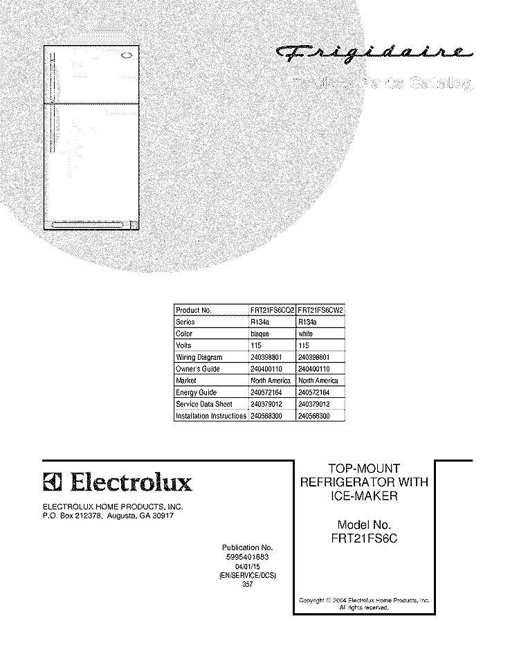 COVER Diagram and Parts List for FRT21FS6CW2  Frigidaire Refrigerator