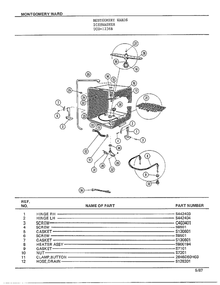 Dishwasher Page 4 Diagram and Parts List for 1236B  Frigidaire Dishwasher