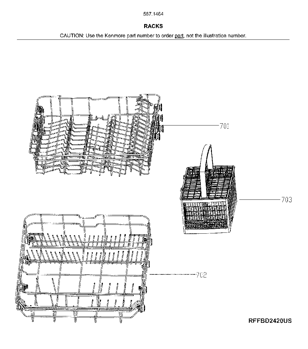 Racks Diagram and Parts List for 58714649J01B  Kenmore Dishwasher