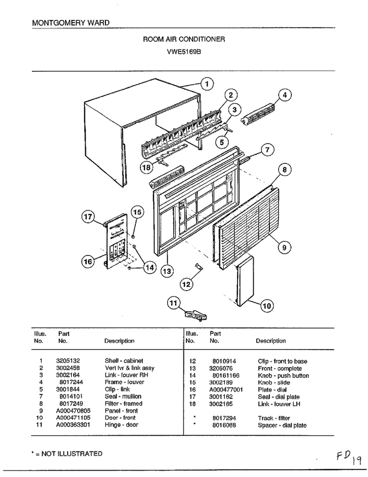 Room Air Conditioner Diagram and Parts List for 5169B  Frigidaire Air Conditioner