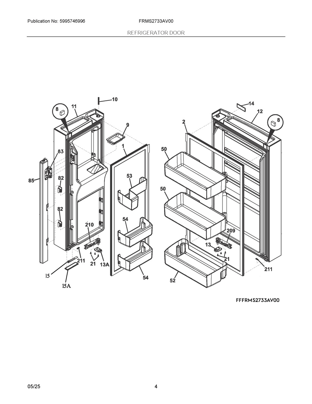 Refrigerator Door Diagram and Parts List for FRMS2733AV00  Frigidaire Refrigerator