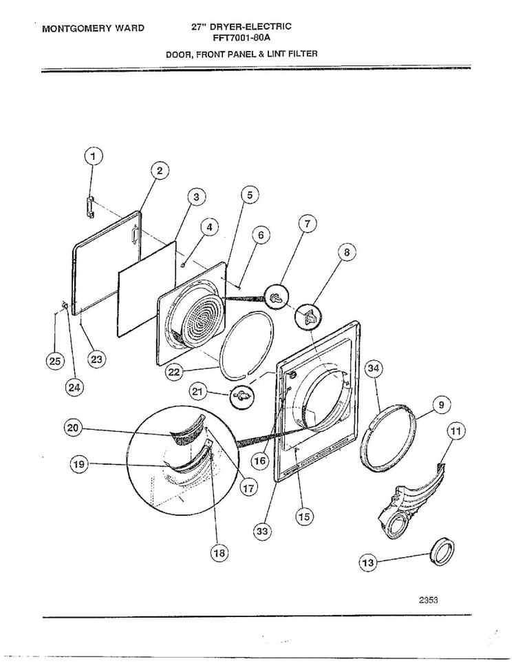 Door/front Panel And Lint Filter Diagram and Parts List for 7001-80A  Frigidaire Dryer