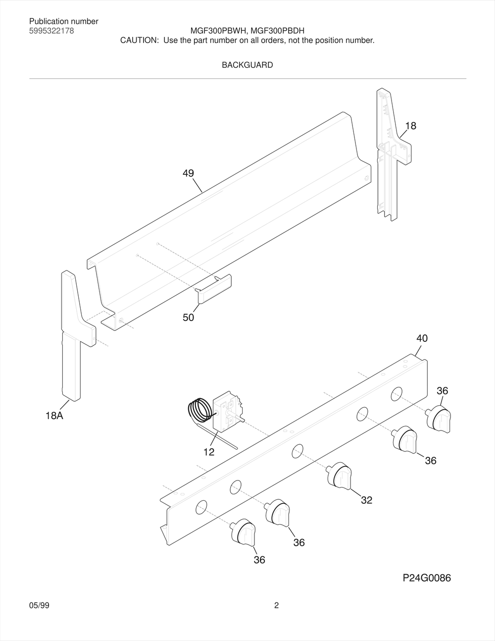 Backguard Diagram and Parts List for MGF300PBDW  Frigidaire Range