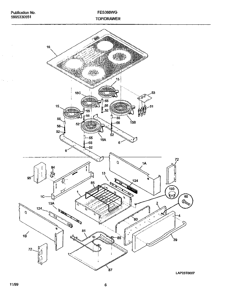 TOP / DRAWER Diagram and Parts List for FES388WGCH  Frigidaire Range